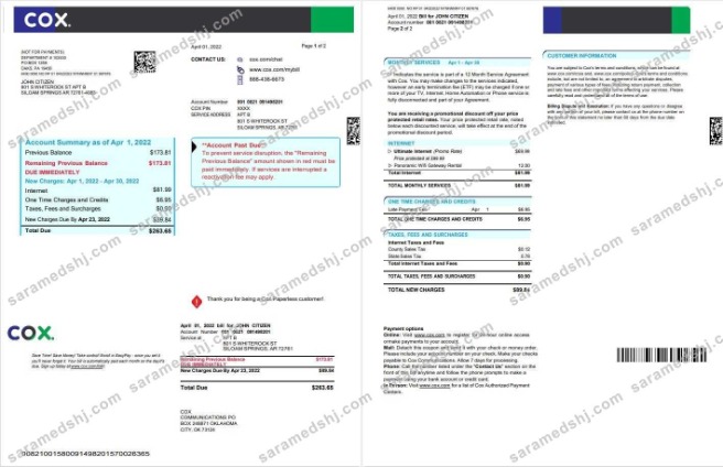 USA COX digital cable television utility bill, Word and PDF template, 2 pages